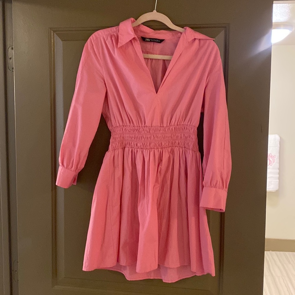 Zara pink collared dress ruched waist